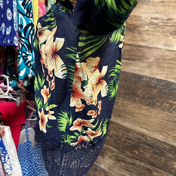 Rain Floral Navy Blue Lace Trim Open Shoulder Blouse - Picture 5 of 8